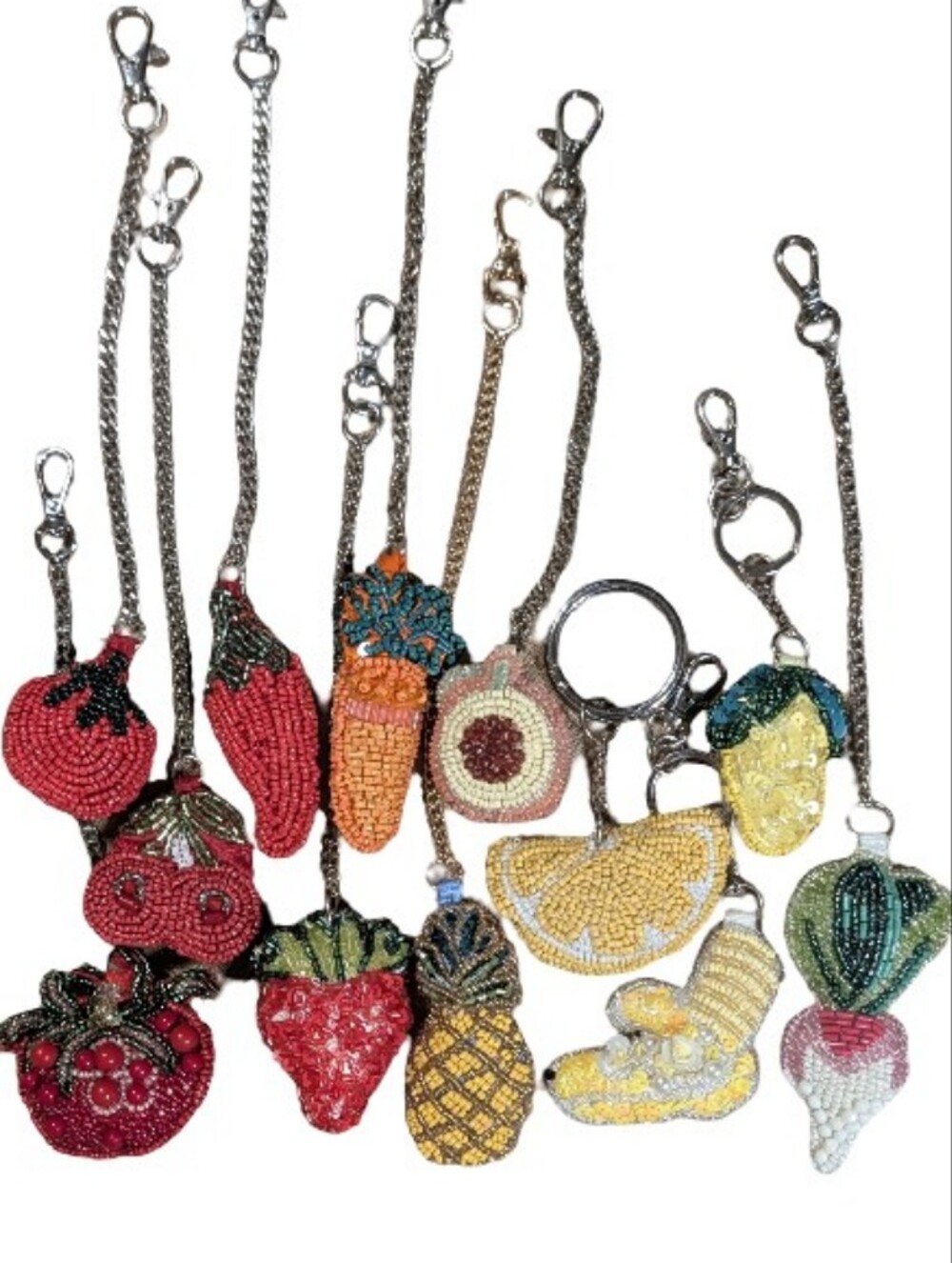 Hand-beaded 3D Bag Charms Lot; 13pc Fruits & Veggies